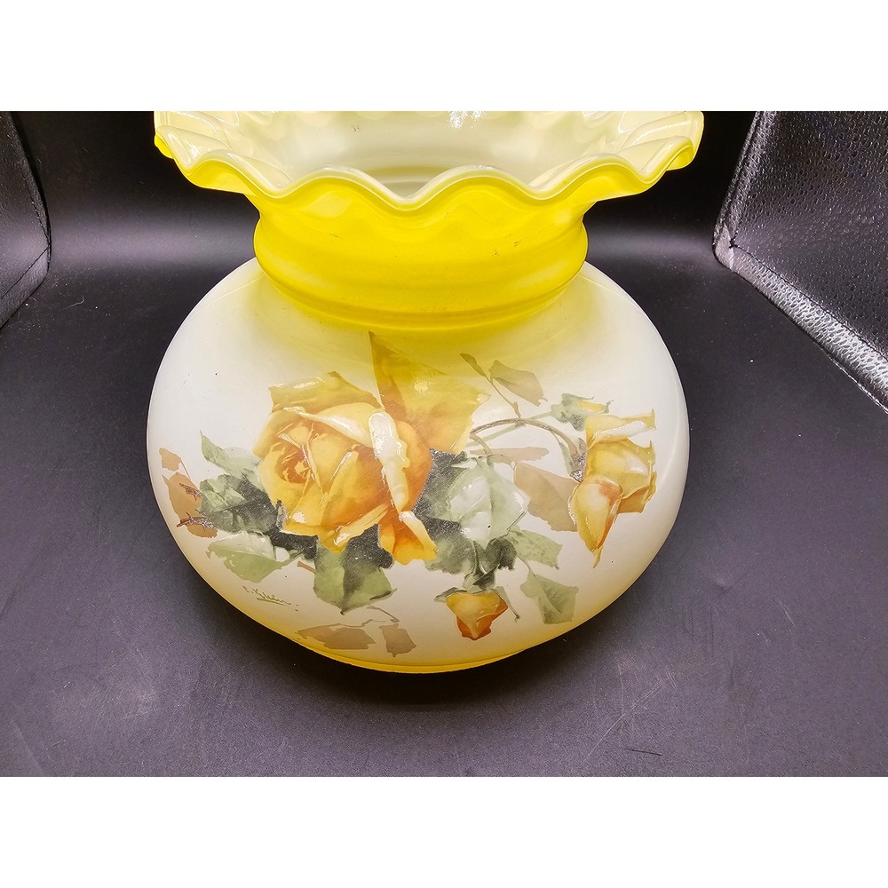 Vintage Yellow Rose Hand Painted Glass Hurricane Lamp ShadeRuffled Edge 7.75 zz